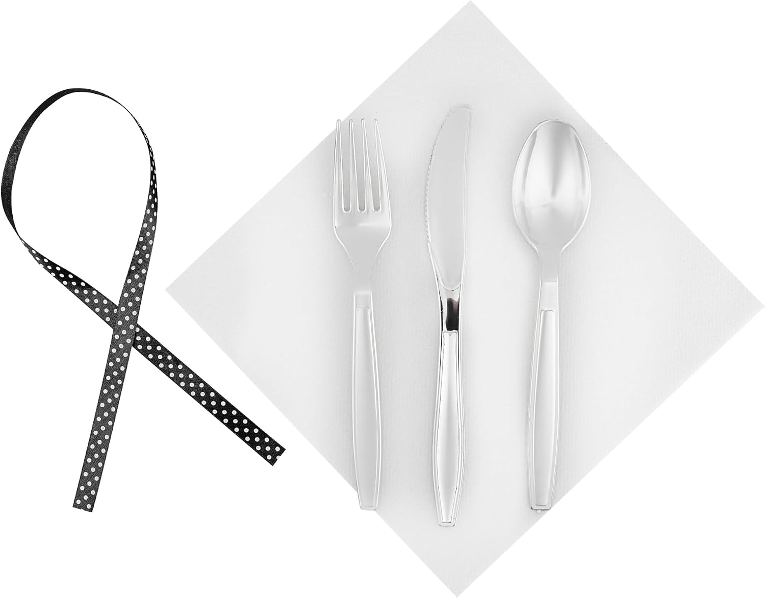 Restaurantware-7.3 Inch x 2 Inch Plastic Cutlery Sets, 100 Flatware Sets - Polka Dot Ribbon, With White Napkin, Individually Wrapped, Silver Plastic Disposable Cutlery Sets, For Weddings And Events