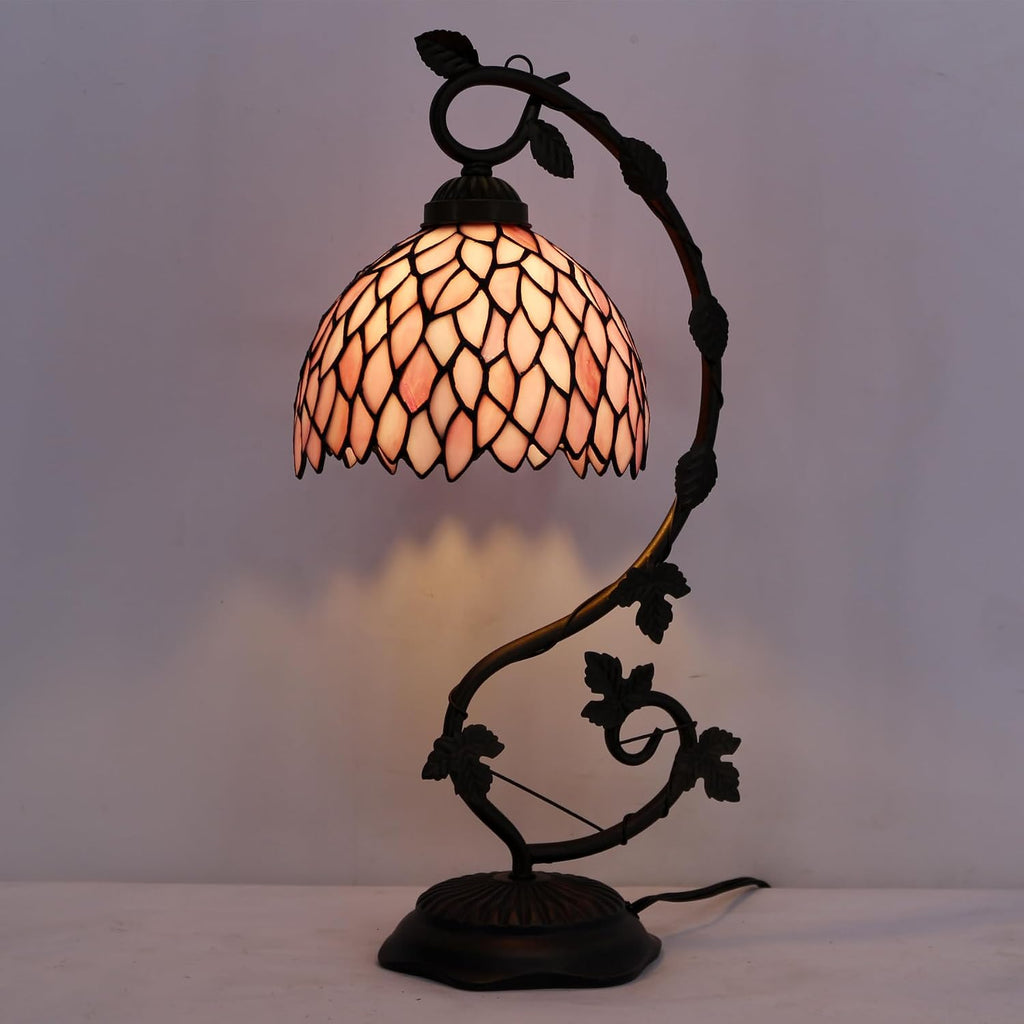 WERFACTORY Tiffany Lamp Pink Wisteria Style Stained Glass Table Desk Reading Light, Metal Leaf Base 8X10X21 Inches Decor Small Space Bedroom Home Office S523P Series
