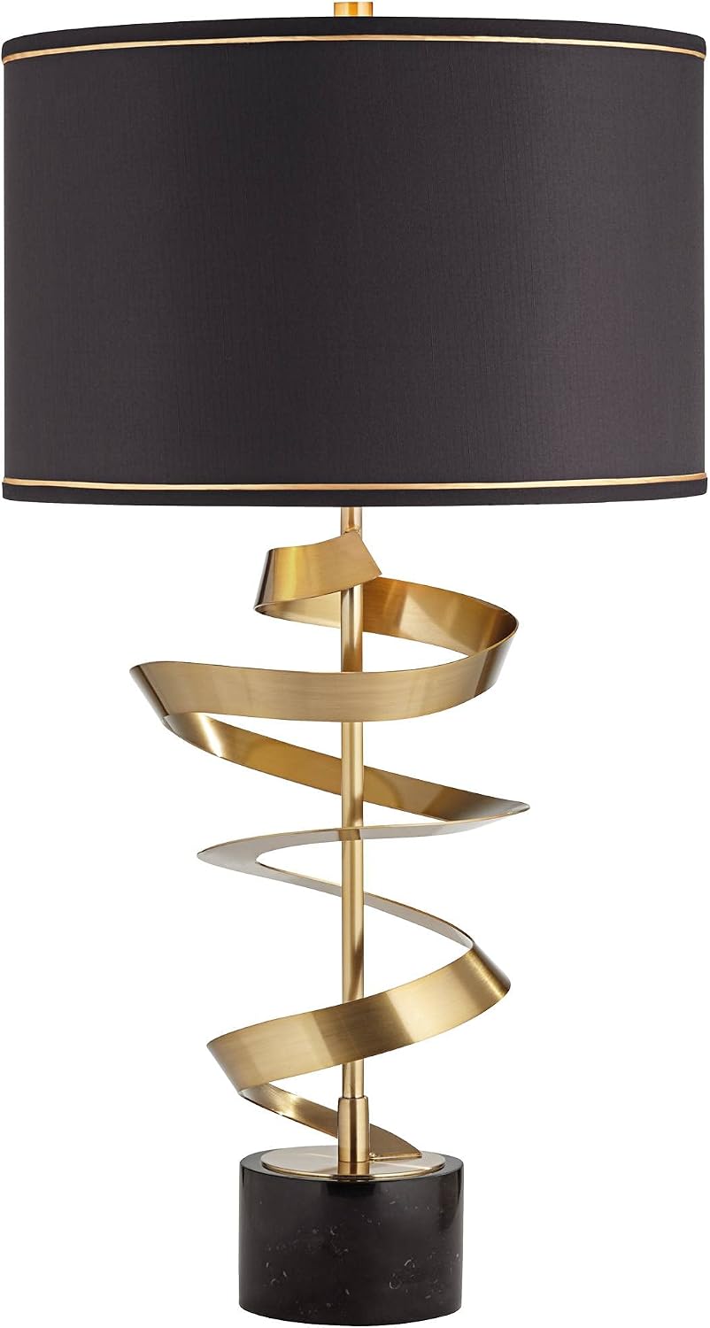 Possini Euro Design Twist Modern Table Lamp 31' Tall Sculptural Brass Gold Metal Marble Black Drum Shade with Gold Liner Decor Bedroom Living Room Nightstand Bedside Night Stand Office Kids Room