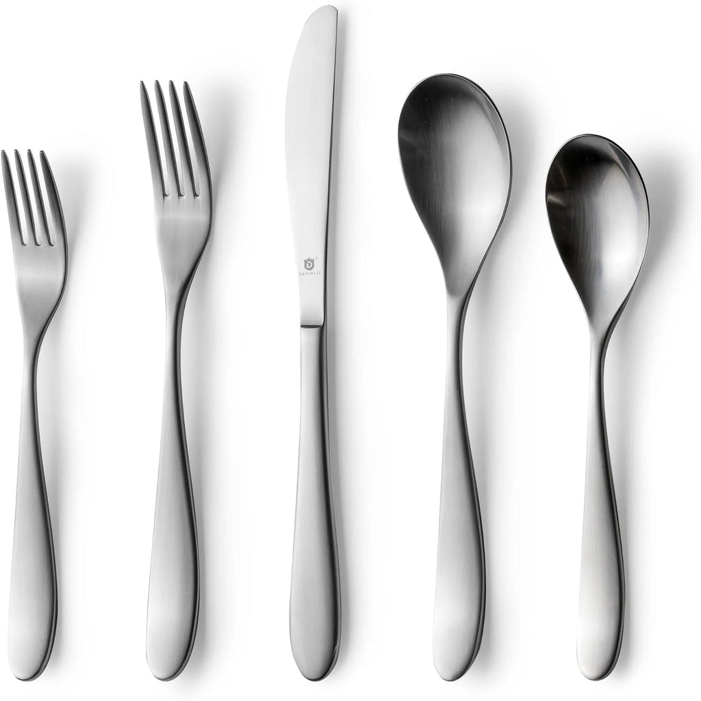 Danialli Matte Silverware Set, 18/10 Stainless Steel Satin Flatware, Modern Brushed Finish Cutlery, Dishwasher Safe & Durable, Built to Last (40-Piece, Marettimo)