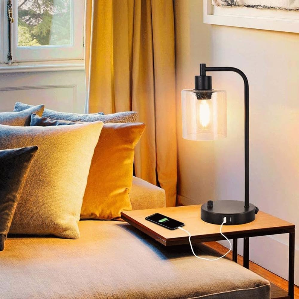 Industrial Vintage Metal Glass Desk Light Knob Dimmer Switch USB Cell Phone Charging Bedroom Bedside Desk Lamp Living Room Study Room Table Lamp Dormitory Apartment Office Lighting Fixture