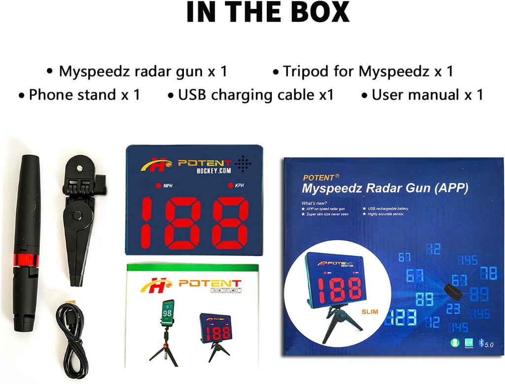 Potent Hockey Training Equipment - Speed Radar Gun 2.0 - Instantly & Accurately Measure Shot, Ball, Pitch Speed - Track & Record Progress with App Support - Multi-Sports Training Gift (Hockey)
