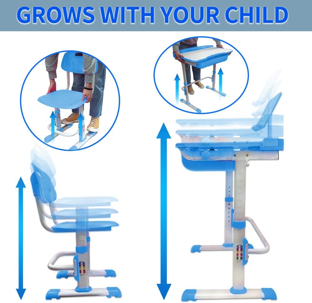 Yinleader Kids Desk and Chair Set,Height Adjustable,Spacious Storage Drawer,with Adjustable Tilted Desktop, Bookstand, Touch Led Lamp for School Student (Blue Set)