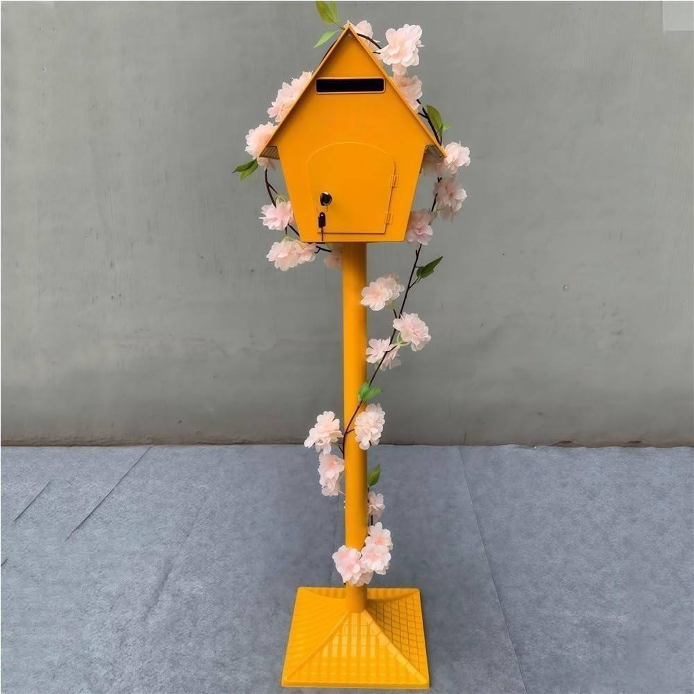 Iron Post Mailbox with Stand, Decorative Cottage Mail Box with Artificial Flowers, Outdoor Mailbox for Courtyard and Exterior Use(Yellow)