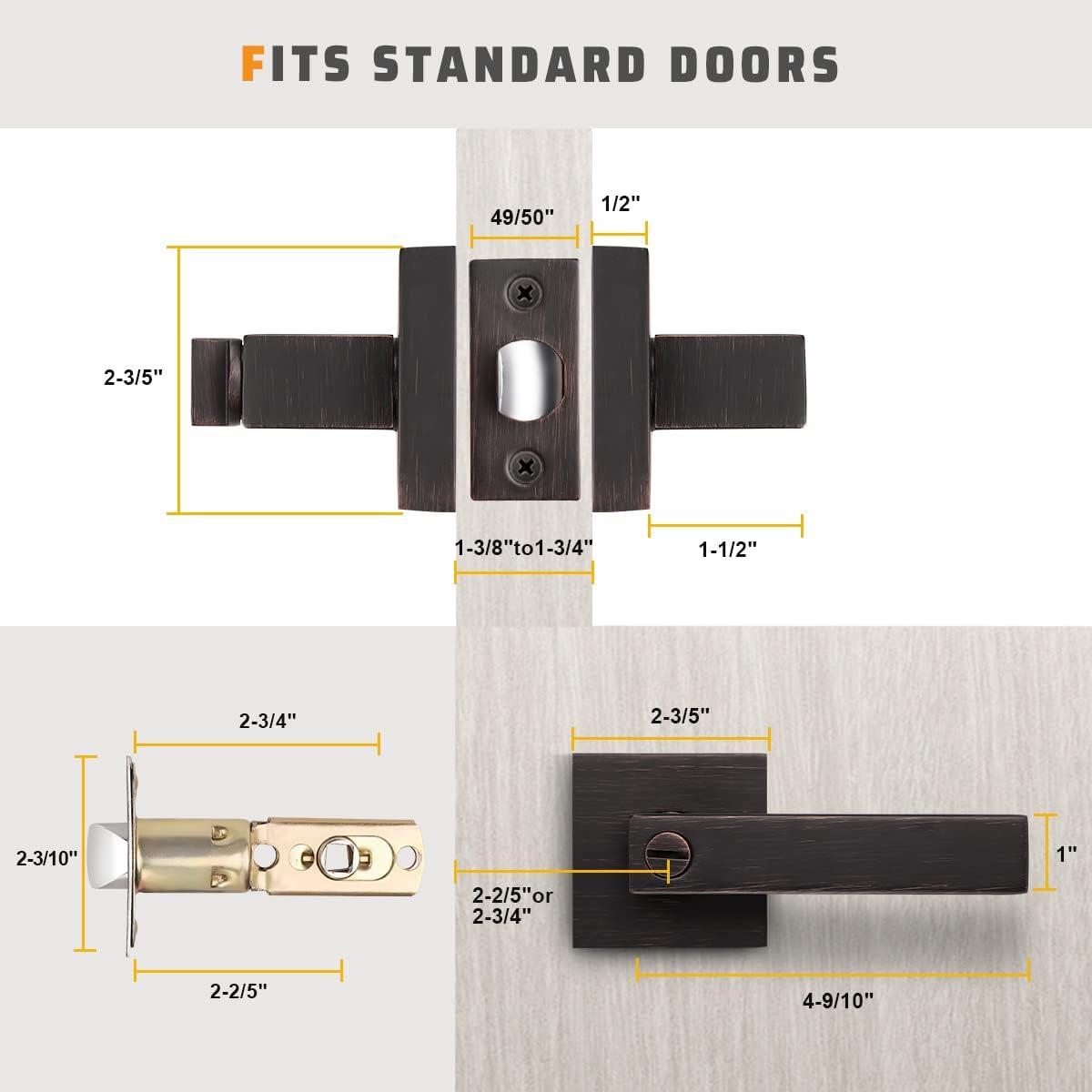 KNOBWELL 4 Pack Bronze Lever Door Handle Privacy Door Knob, Heavy Duty Square Door Knob with Lock for Bedroom Bathroom Office