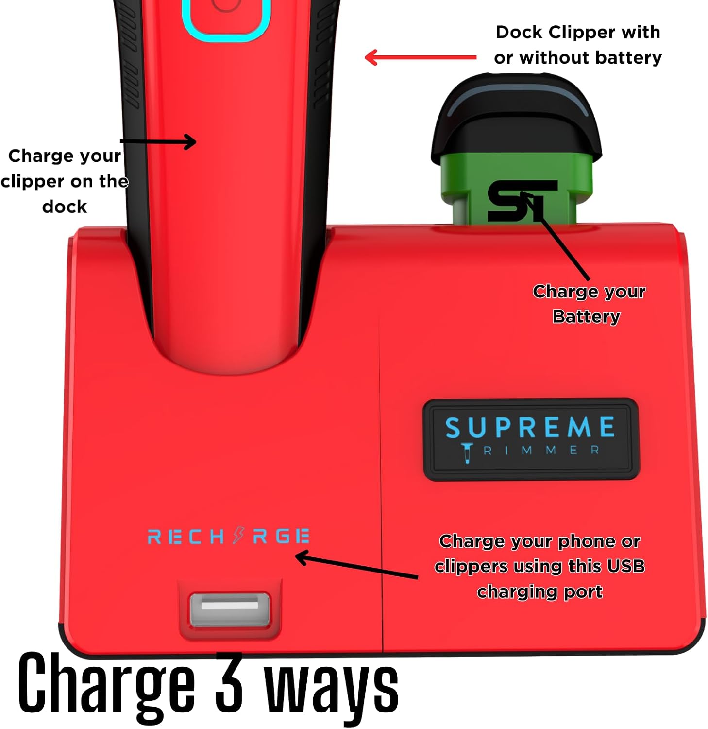 Supreme Trimmer 2-in-1 Recharge Hair Clipper & Beard Trimmer Combo | 7500 RPM, Removable Battery, Smart USB Charging Base | STC779 + ST777