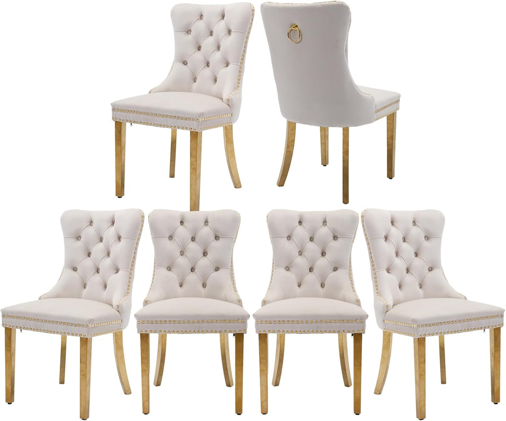Velvet Dining Chairs Set of 6, Tufted Upholstered Dining Room Chairs with Back Ring Pull, Nailhead Trim and Golden Legs, Modern Dinning Chairs for Dining Room, Kitchen(Beige)