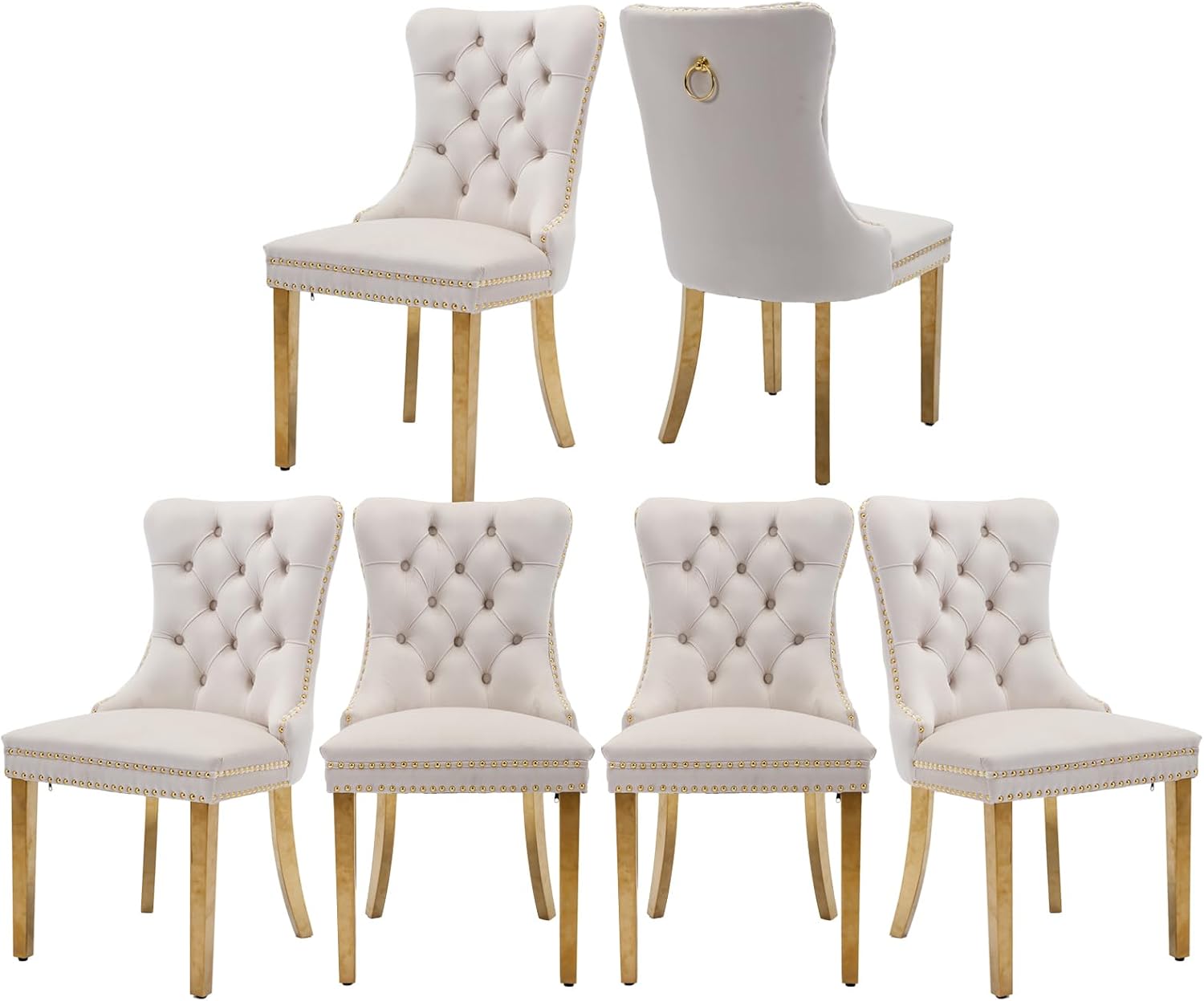 Velvet Dining Chairs Set of 6, Tufted Upholstered Dining Room Chairs with Back Ring Pull, Nailhead Trim and Golden Legs, Modern Dinning Chairs for Dining Room, Kitchen(Beige)