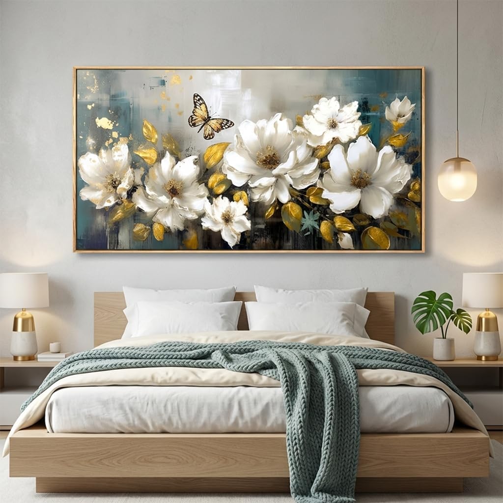 Wall Art Modern Flower Artwork Paintings White Blossom Gold Leaf Butterfly Landscape Picture wall Decor for Living Room Bedroom Kitchen 24'x48' with Framed