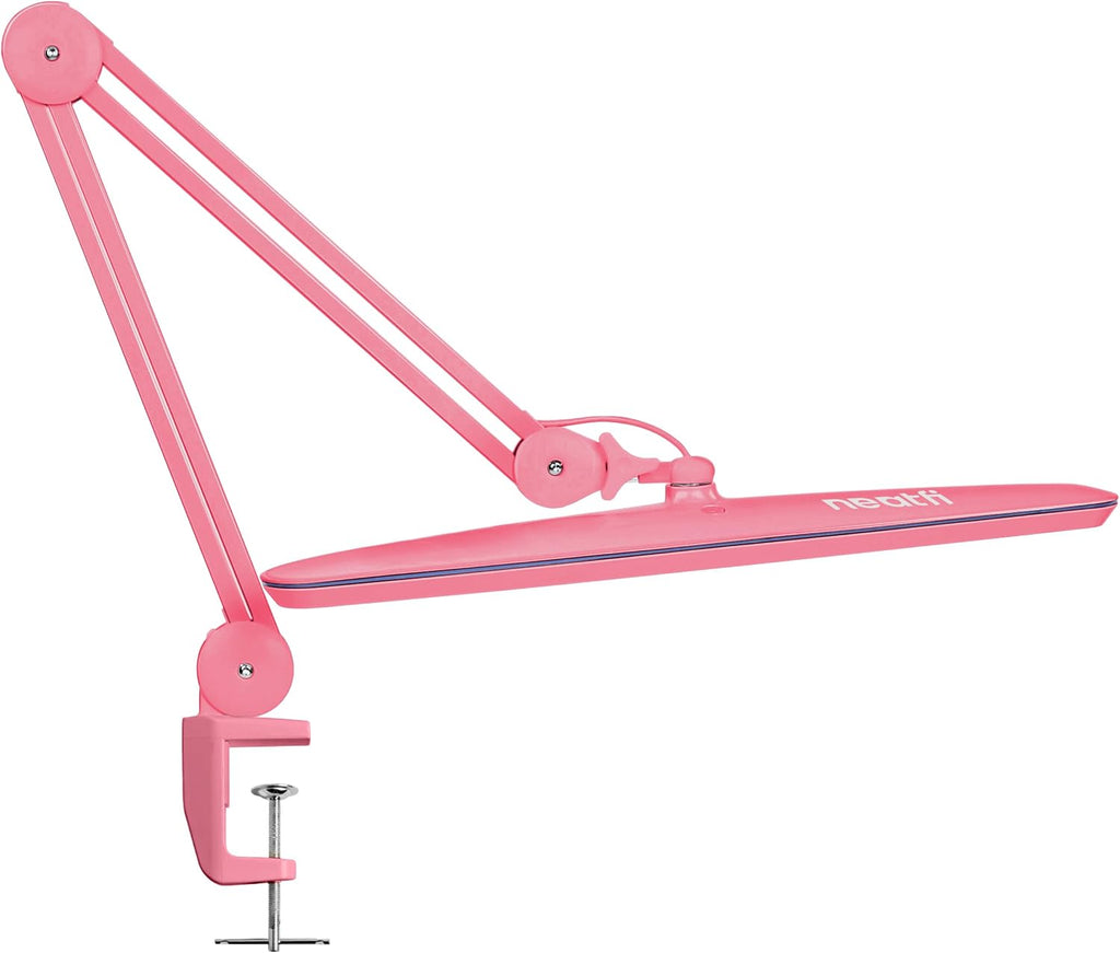 Neatfi XL 2,200 Lumens 24W LED Desk Lamp – 23' Wide Shade | Dimmable Eye-Caring Task Light | Adjustable Arm | Home Office, Study, Crafts & Nail Tech (Pink, Non-CCT with Clamp)
