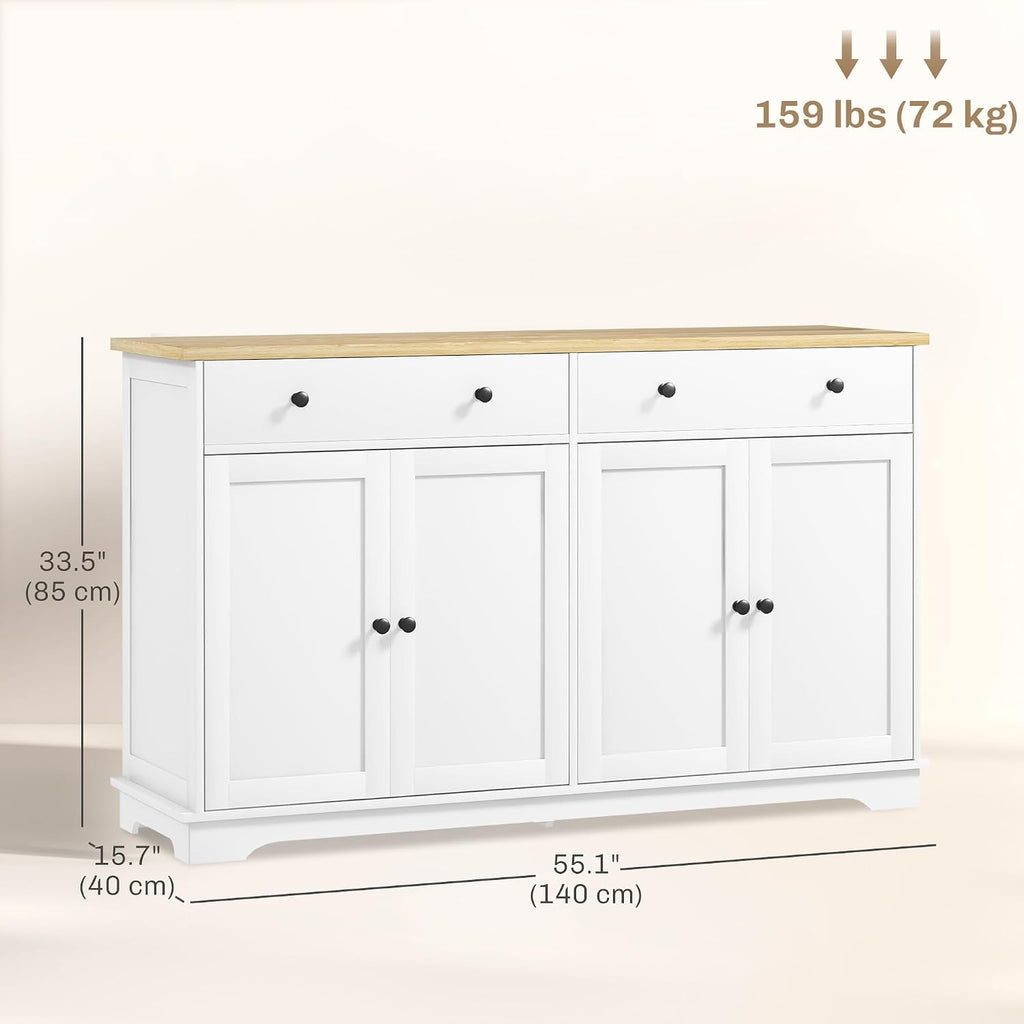 HOMCOM Sideboard Buffet Cabinet with Storage, 55' Modern Kitchen Cabinet with 4 Doors, 2 Drawers and 2 Adjustable Shelves, Coffee Bar Cabinet, White
