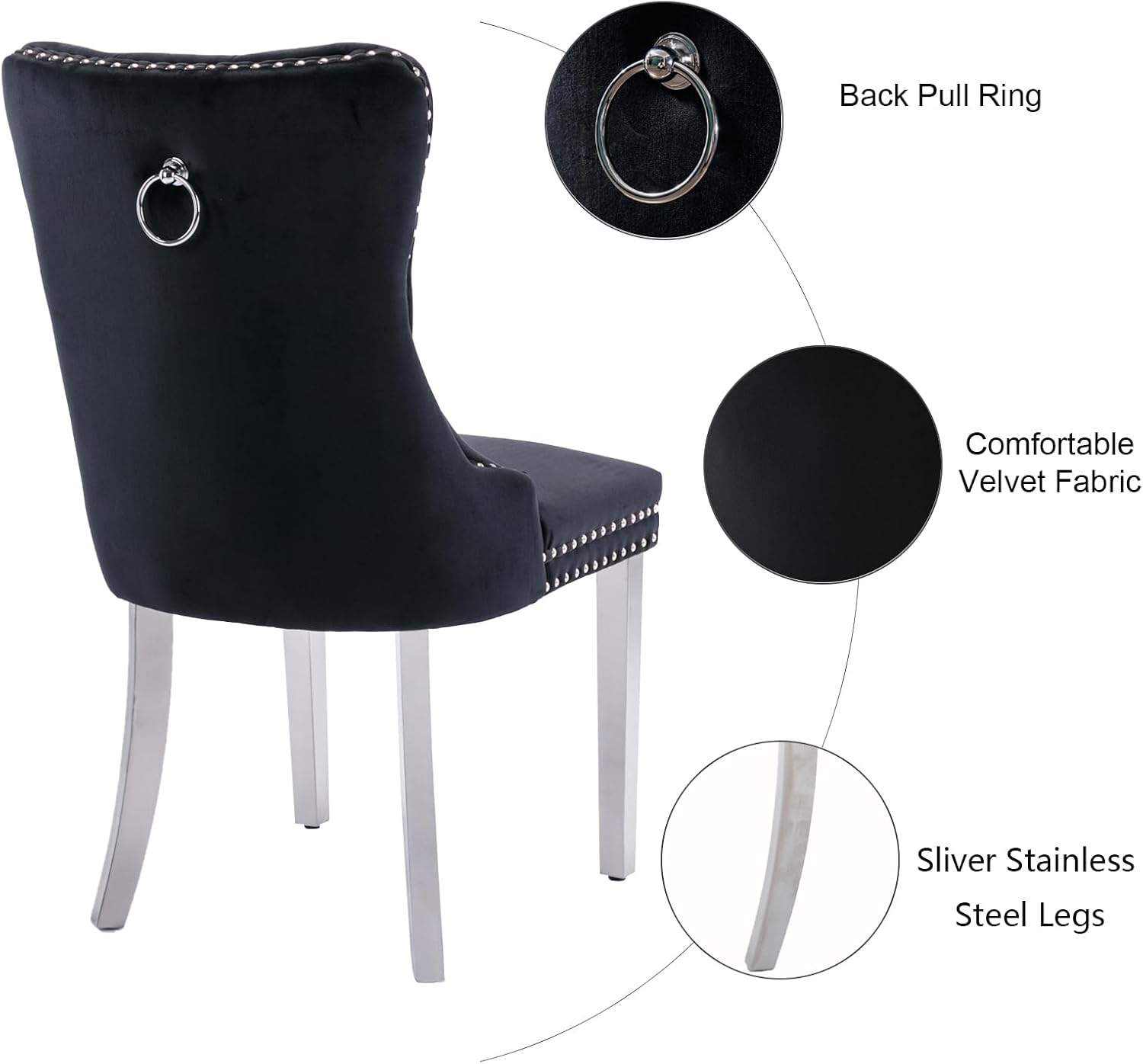 Velvet Dining Chairs Set of 6, Tufted Upholstered Dining Room Chairs with Back Ring Pull, Nailhead Trim and Sliver Stainless Steel Legs, Modern Dinning Chairs for Dining Room, Kitchen(Black)