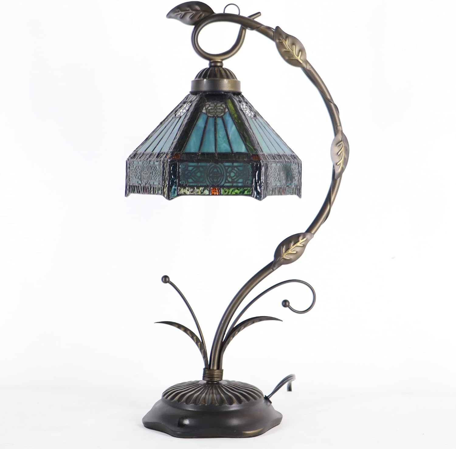 Tiffany lamp Stained Glass Table Lamp, Mission Style Desk Reading Light with Metal Leaf Base, 8X10X19 Inches (Mission Style)