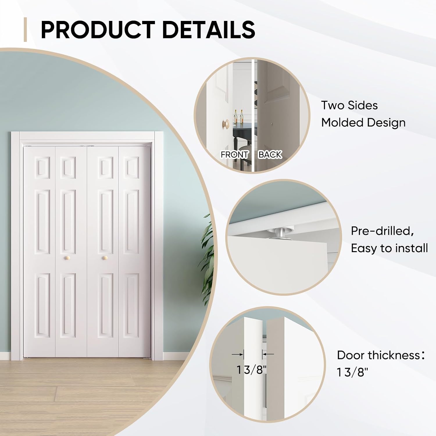 JUBEST Bifold Doors, 6 Panel Primed Bifold Closet Doors for 48'x80' Door Opening, Modern White Hollow Core Bi-Fold Door Slab with Hardware Kit & Knob, Widely Used, Primed