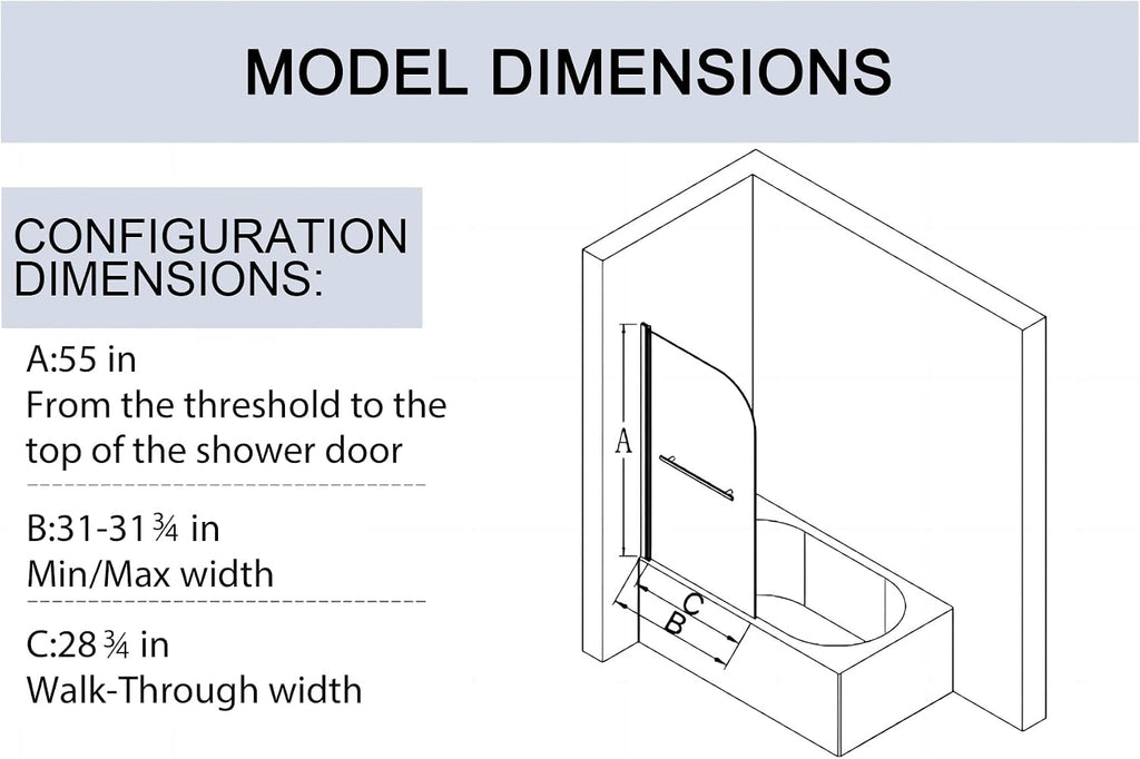 31 * 55 Inch Frameless Shower Door for Bathtub，180 Degree Hinged Pivot, Chrome Finish Bathroom Door，with 1/4' (6mm) SGCC Tempered Glass, Handle and Seal Strip for Waterproof (Black
