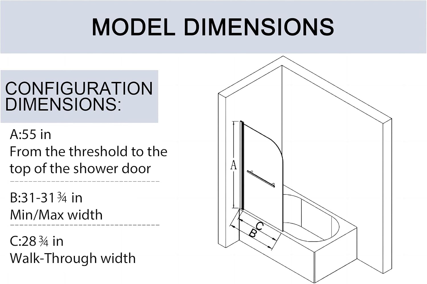 31 * 55 Inch Frameless Shower Door for Bathtub，180 Degree Hinged Pivot, Chrome Finish Bathroom Door，with 1/4' (6mm) SGCC Tempered Glass, Handle and Seal Strip for Waterproof (Black