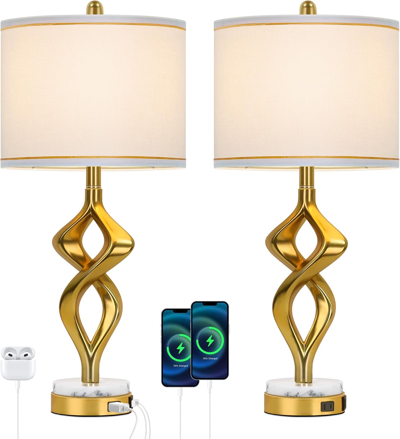 28.5' Modern Sculptural Living Room Table Lamps Set of 2 with USB A+C & AC Outlet, Gold Bedside Table Lamps with White Marble Base & Linen Shade, Nightstand Lamps for Bedroom Study Office Hotel Bar