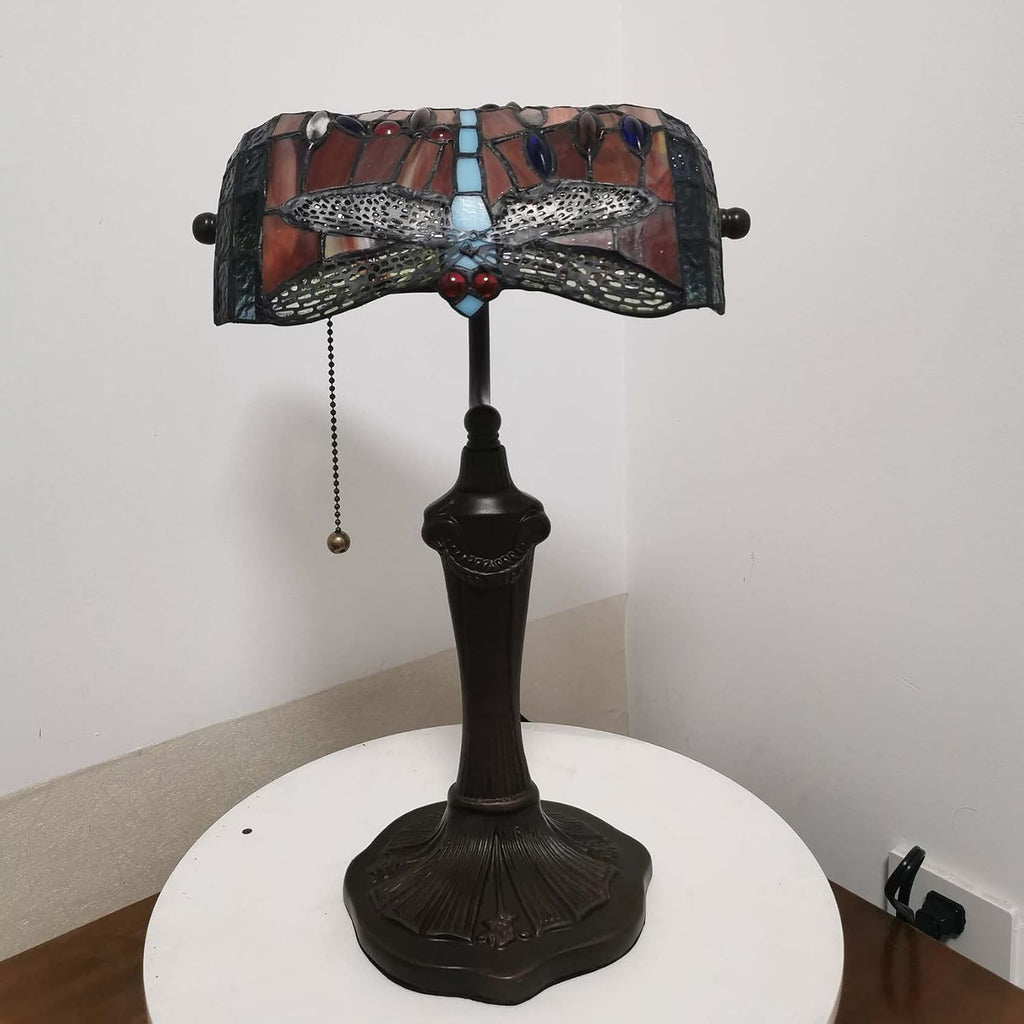 Bieye L10057 Dragonfly Tiffany Style Stained Glass Bankers Desk Lamp Table Lamp for Reading Working Home Decoration, 10' W x 16' H (Red)