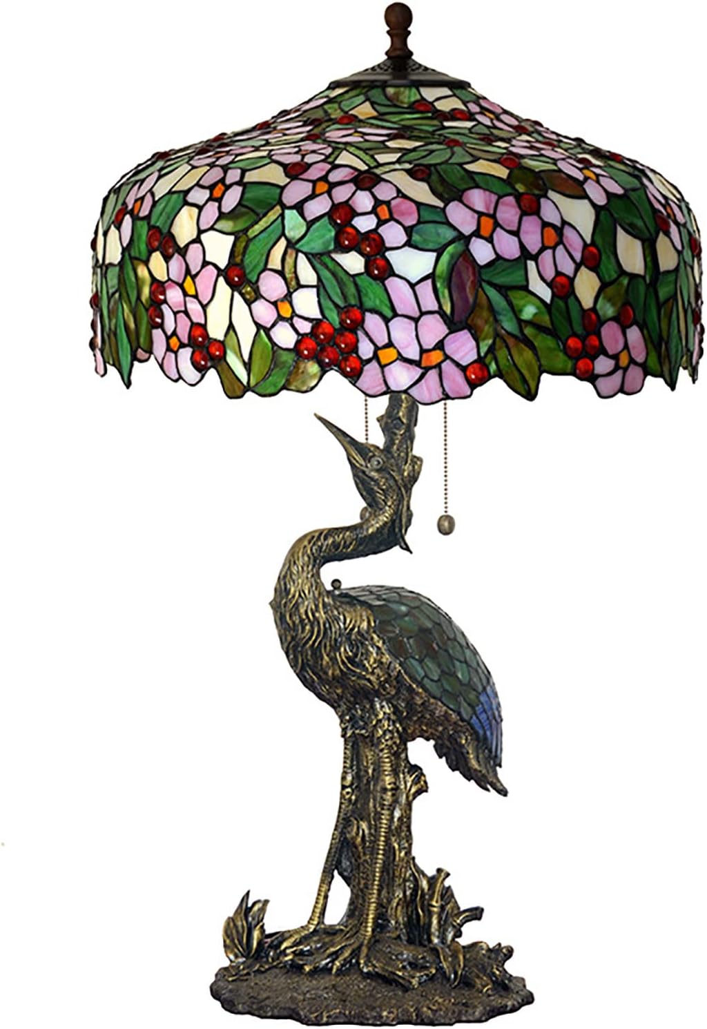 Pink Stained Glass Green Leaves Table Lamp, 20 Inch Tiffany Style Pastoral Cherry Blossom Bedroom Bedside Lamp, Living Room Office Table Decoration Lamp with Pull Cord Switch,C