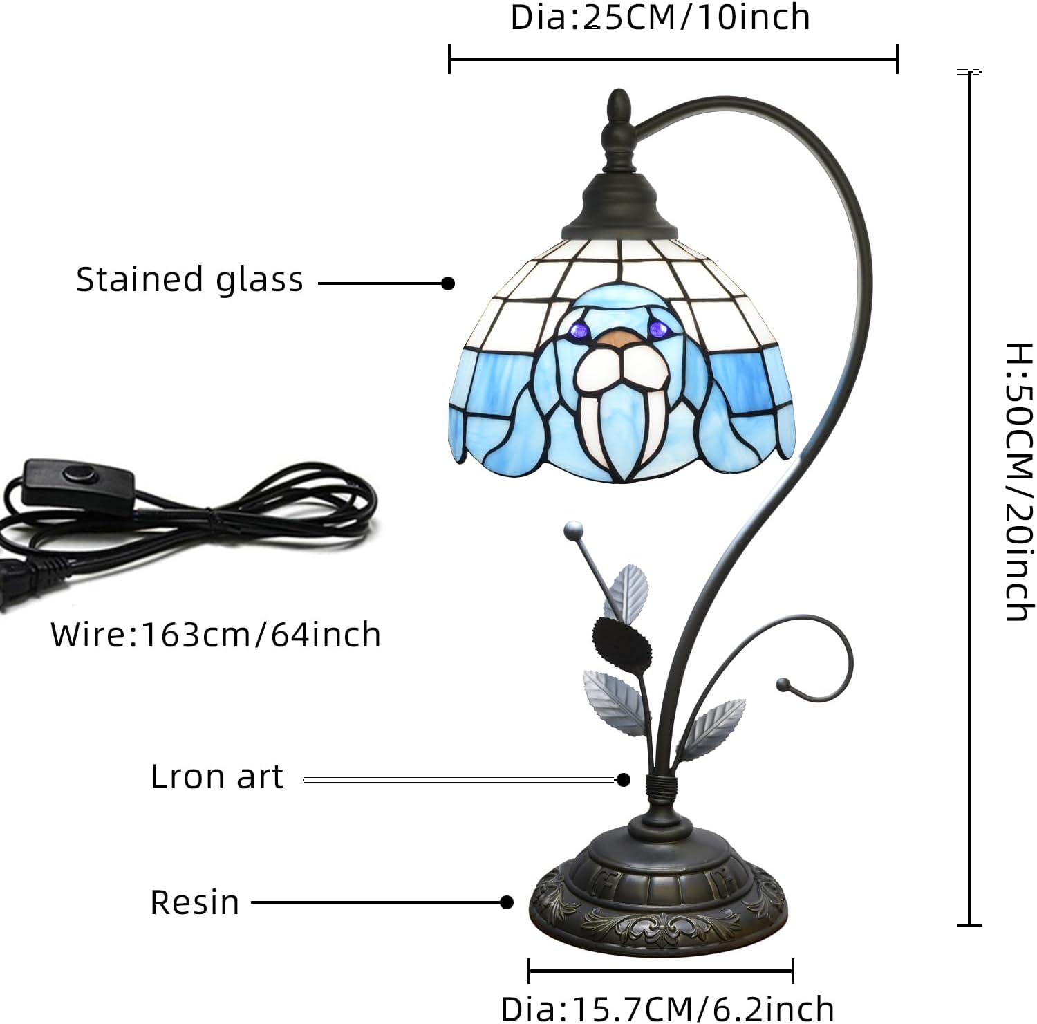 Tiffany Table Lamp Blue Walrus Stained Glass Bedside Lamp Tiffany Style S Metal Leaves Desk Light for Home Living Room Office Dormitory Bar Family Friends Gift