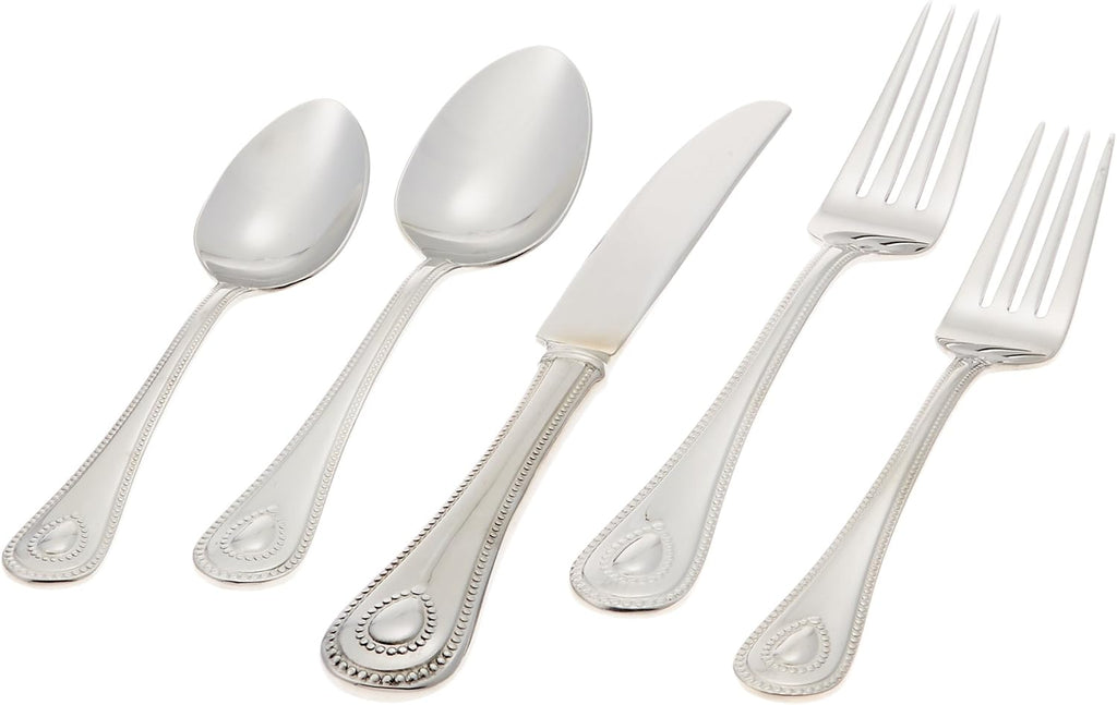Lenox Silverware Set For 12, French Perle 65-Piece Flatware Set with Serving Utensils, Service For 12, Elegant 18/10 Stainless Steel Utensils with Beading, Knives Spoons & Forks (Silver, 65 Piece)