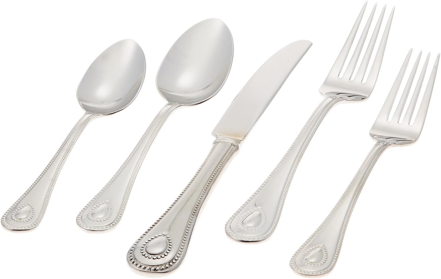 Lenox Silverware Set For 12, French Perle 65-Piece Flatware Set with Serving Utensils, Service For 12, Elegant 18/10 Stainless Steel Utensils with Beading, Knives Spoons & Forks (Silver, 65 Piece)