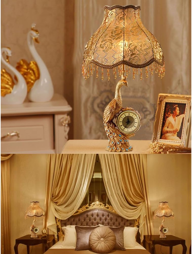 Gold Peacock Table Lamp with Clock Vintage Victorian Table Lamp for Living Room Fabric Shade Antique Bedside Lamp Retro Rustic Desk Nightstand Lamp for Farmhouse Bedroom Home Office Decor