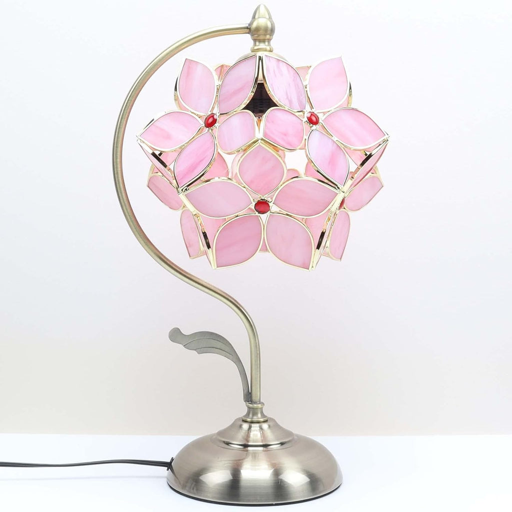 Bieye L10832 Tiffany Style Stained Glass Flower Petal Table Lamp with Brass Base for Home Décor (Pink, 8' Apple Blossom)