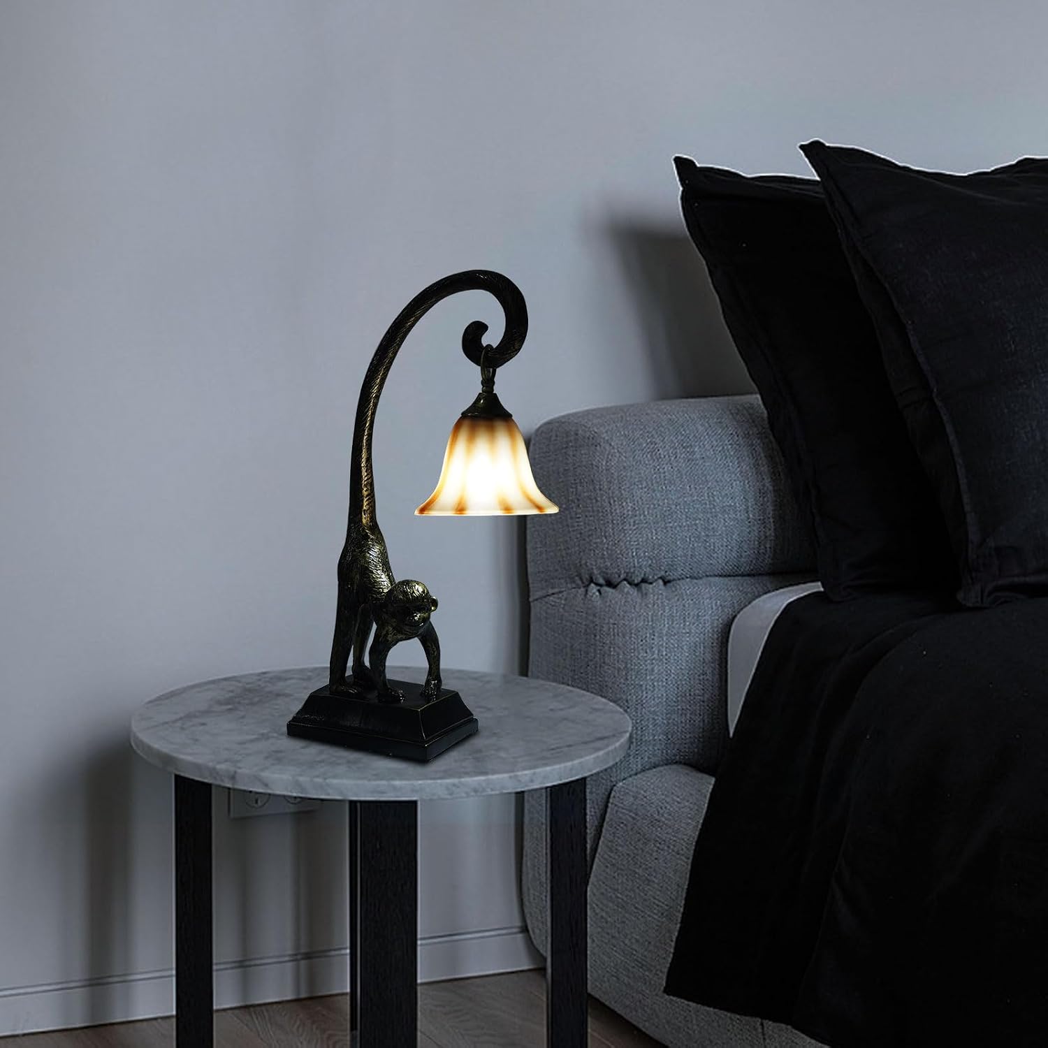 Bedside Table Lamp, Monkey Desk Lamp E26 Creative Animal Gold Resin Bed Side Lamps Sitting Monkey Lighting Fixture for Bedroom Office Bar Cafe Living Room Decor (Right)