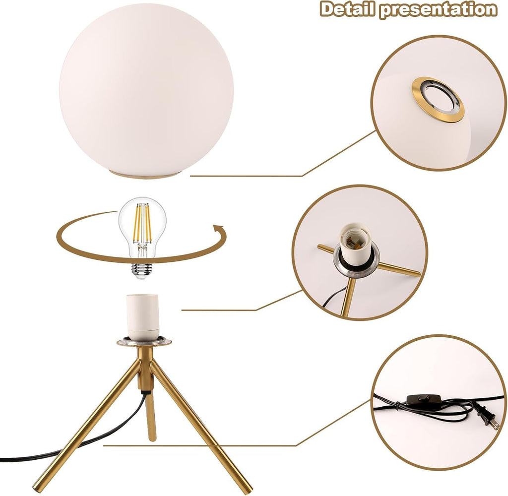 Gold Table Lamps Set of 2, Mid Century Modern Globe Desk Lamp with Milk White Glass Shade Metal Tripod Base, Vintage Bedside Lamp Small Round Table Lamps for Bedroom Living Room Study
