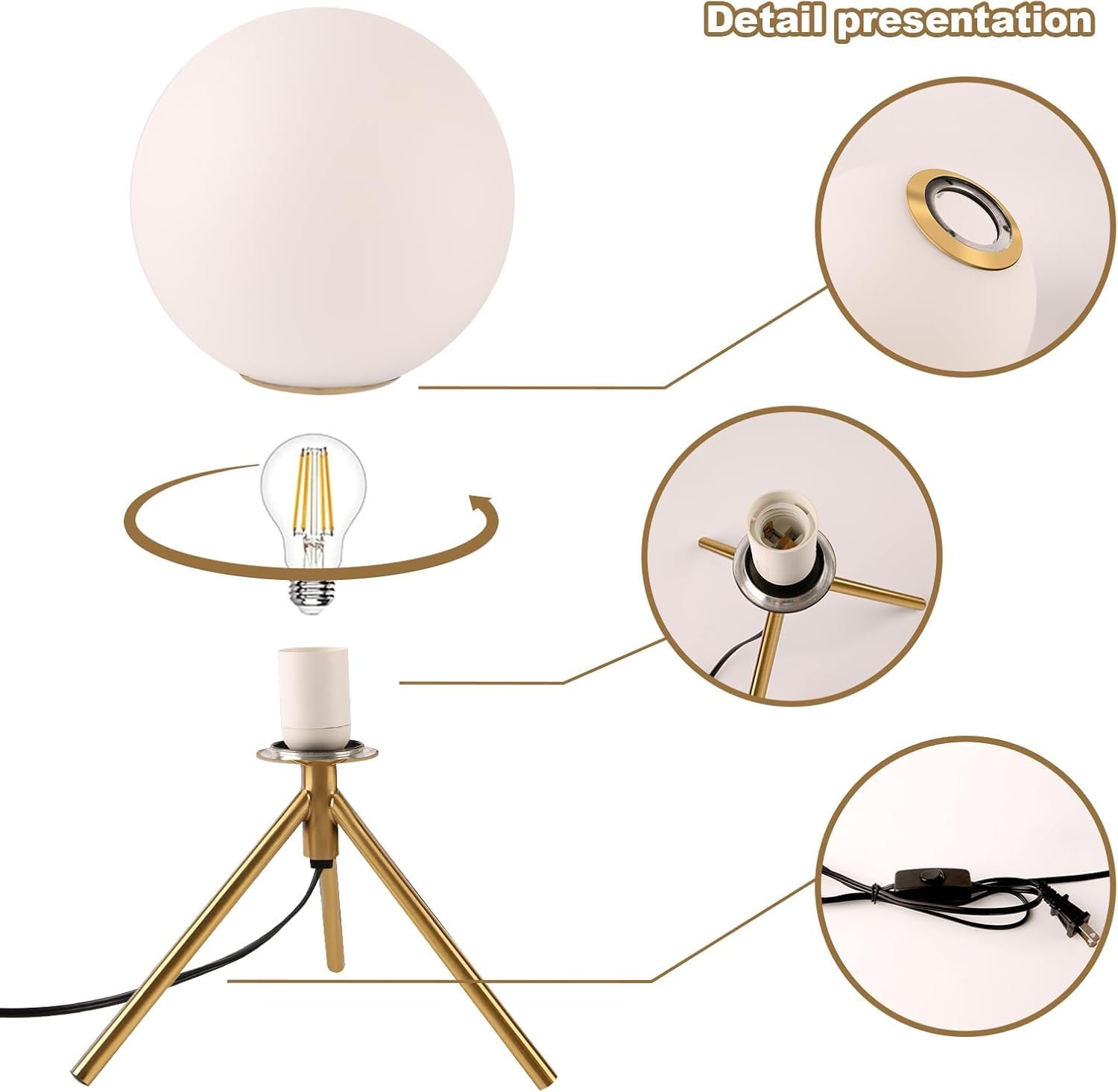 Gold Table Lamps Set of 2, Mid Century Modern Globe Desk Lamp with Milk White Glass Shade Metal Tripod Base, Vintage Bedside Lamp Small Round Table Lamps for Bedroom Living Room Study