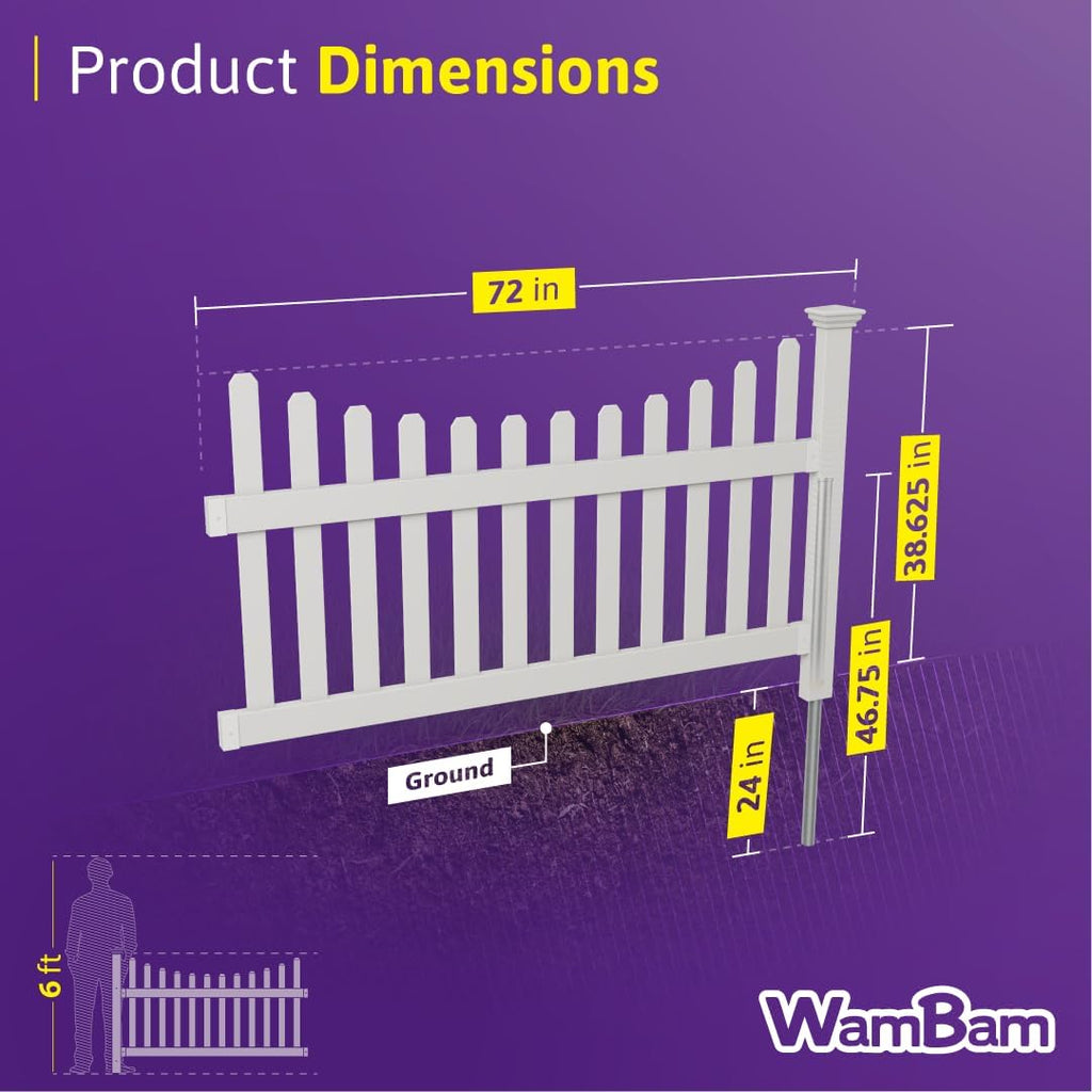 3.5ft H x 6ft W (1 Panel + 1 Post) No Dig WamBam All American Scallop Top Fence Kit, White Vinyl Picket Fence, Easy Install Outdoor Barrier for Backyard or Patio, DIY Decorative Garden Border, ZP19041