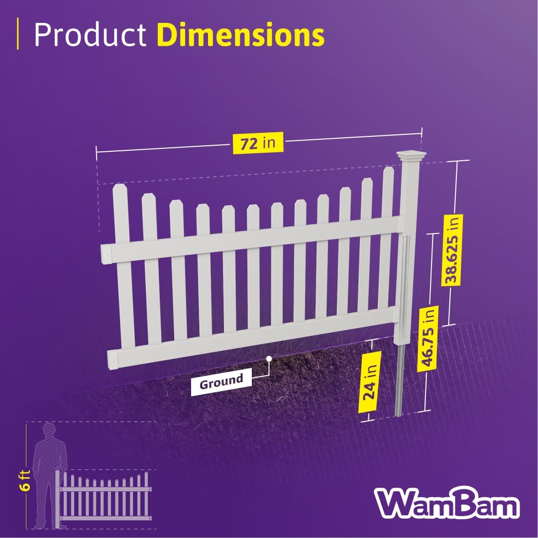 3.5ft H x 6ft W (1 Panel + 1 Post) No Dig WamBam All American Scallop Top Fence Kit, White Vinyl Picket Fence, Easy Install Outdoor Barrier for Backyard or Patio, DIY Decorative Garden Border, ZP19041
