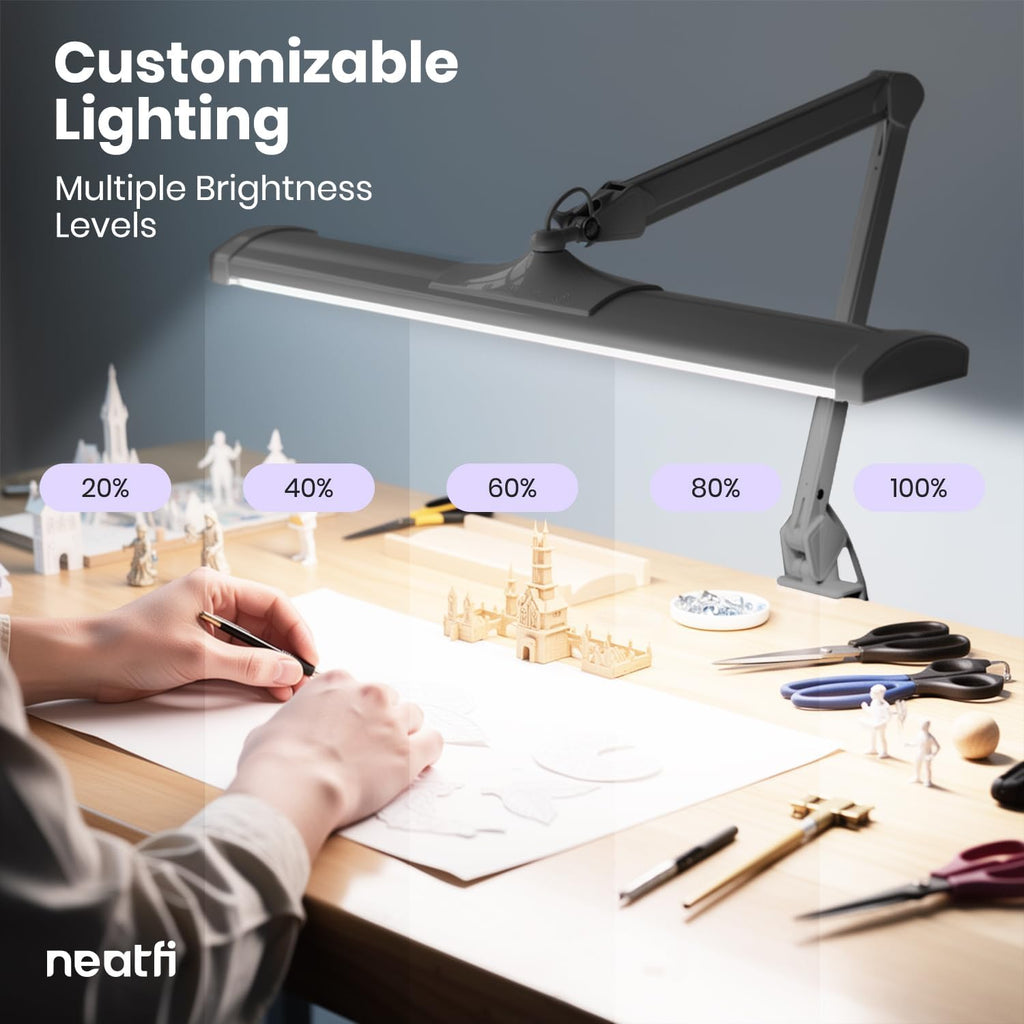 Neatfi Ultra 3,500 Lumens LED Desk Lamp with Clamp – 45W, 270 SMD LEDs, Shadow-Free | Adjustable Brightness | Task Light for Nail, Craft & Office (Silver, 26-Inch Wide Shade)