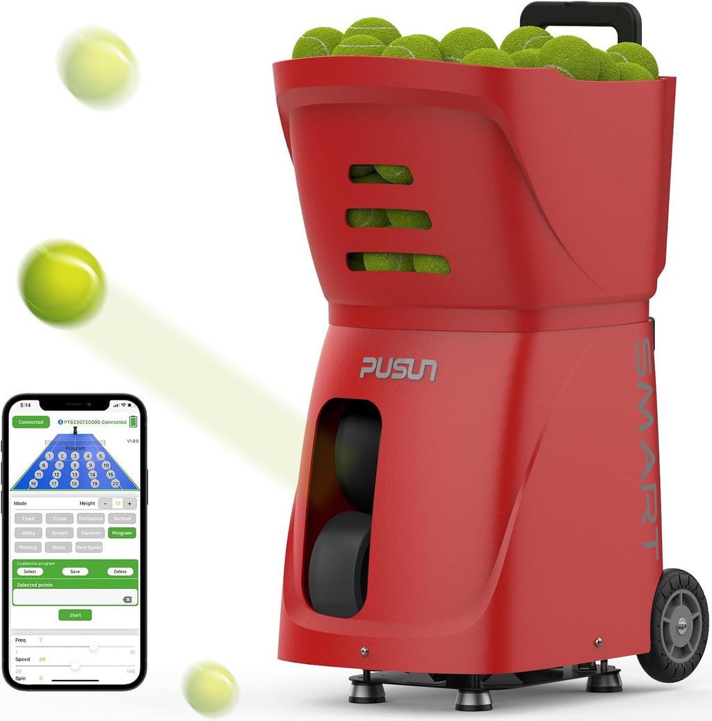 Tennis Ball Machine, Tennis Ball Launcher with App/Remote/iWatch Control, Max Speed of 75Mph, 1.8-8s/Ball, Multiple Training Modes(AI Drill/Programming/Random/Vary Speed) 4-6Hrs Battery Life