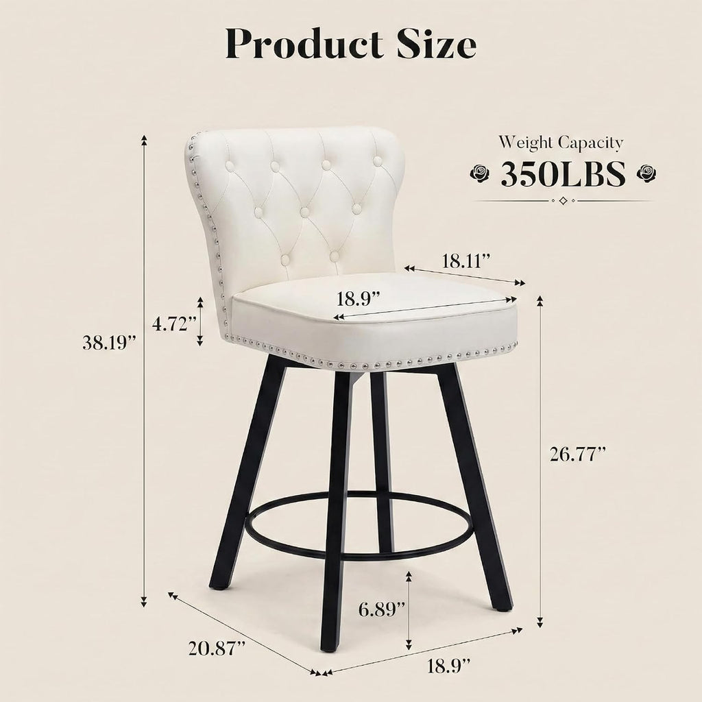 Counter Height Bar Stools Set of 3, 26' Mid-Century Swivel Bar Stool with Metal Base for Kitchen Island, Rivet Armless Faux PU Leather Barstool with High Back and Large Thick Cushion, Beige