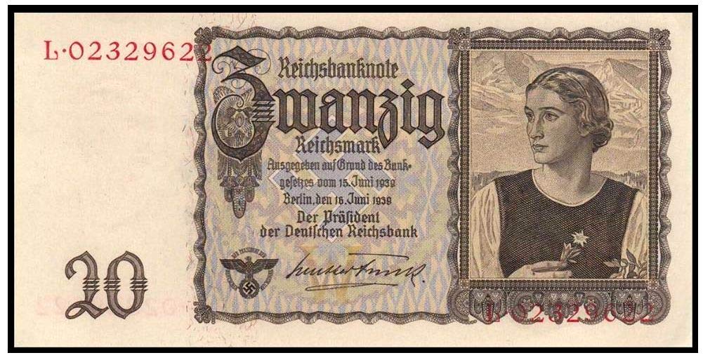 1939 DE QUEEN OF NAZI BILLS in PERFECTLY PRISTINE CONDITION! 1939 20 MARKS w ARYAN GIRL/FLOWER SYMBOLIZING GERMAN PURITY 20 MARKS Germ Uncirculated