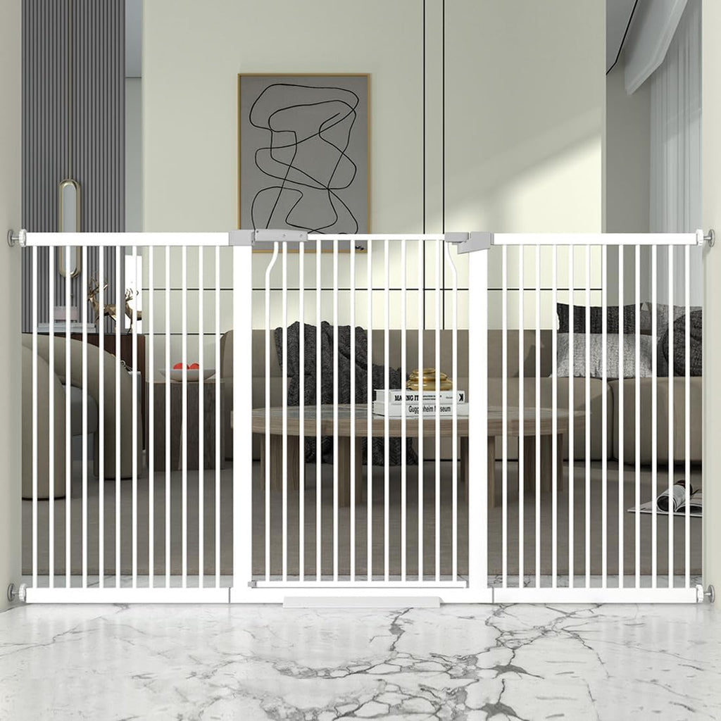 41' Extra Tall and Wide Baby Gate, 74.2-76.7'' Wide Pet Cat Gate for Doorway, Extra Wide Pressure Mounted Child Door with Expansion Kit, Metal Safe Gate, Tall Dog Gate, White