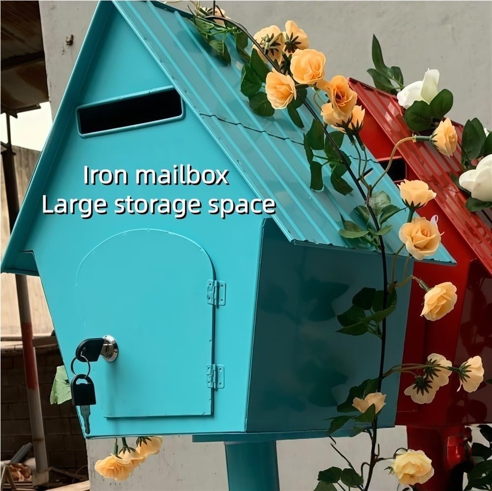 Iron Post Mailbox with Stand, Decorative Cottage Mail Box with Artificial Flowers, Outdoor Mailbox for Courtyard and Exterior Use(Green)