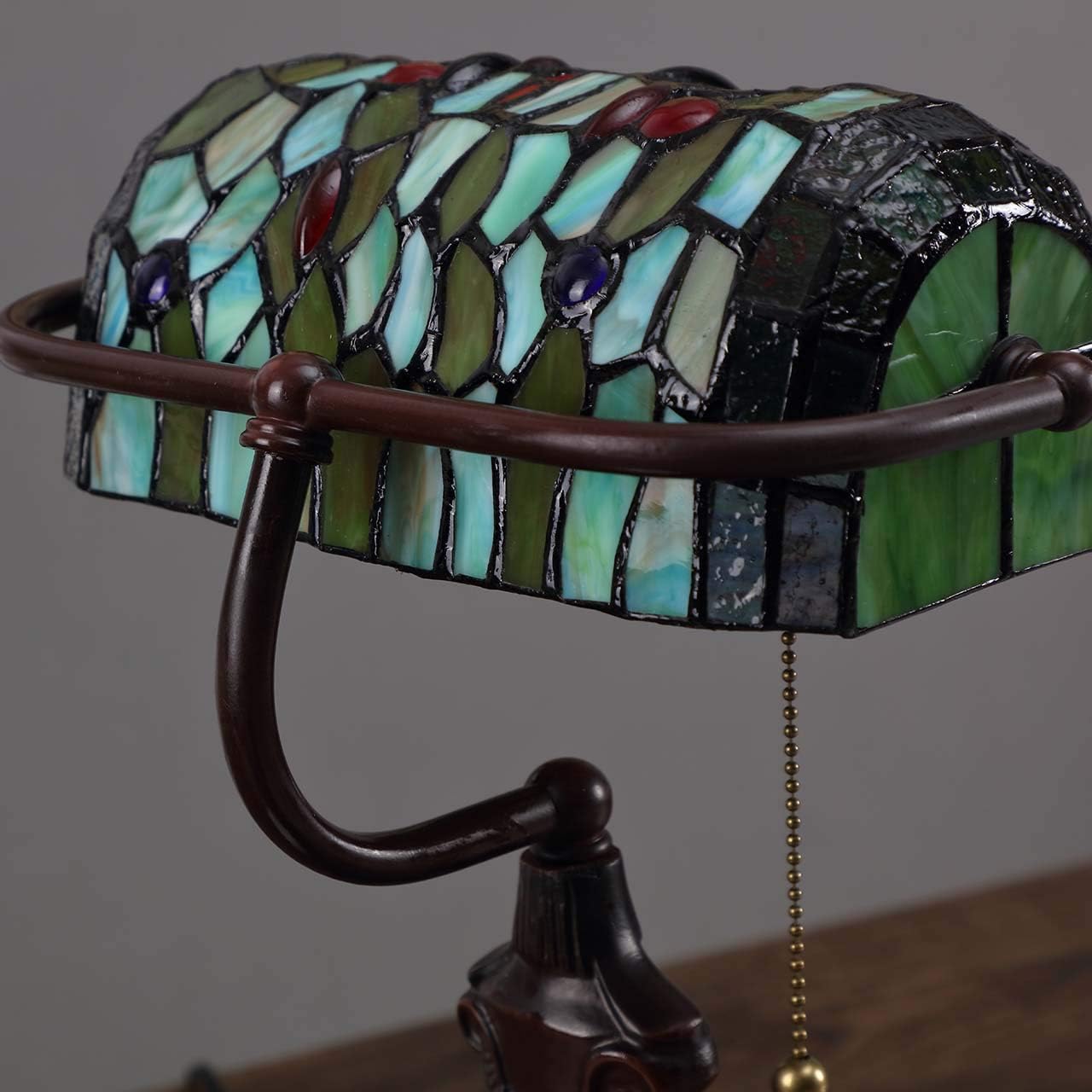 Bieye L10058 Dragonfly Tiffany Style Stained Glass Banker Table Lamp with 10-inch Wide Lampshade and Zinc Base for Reading Working Desk (Green)