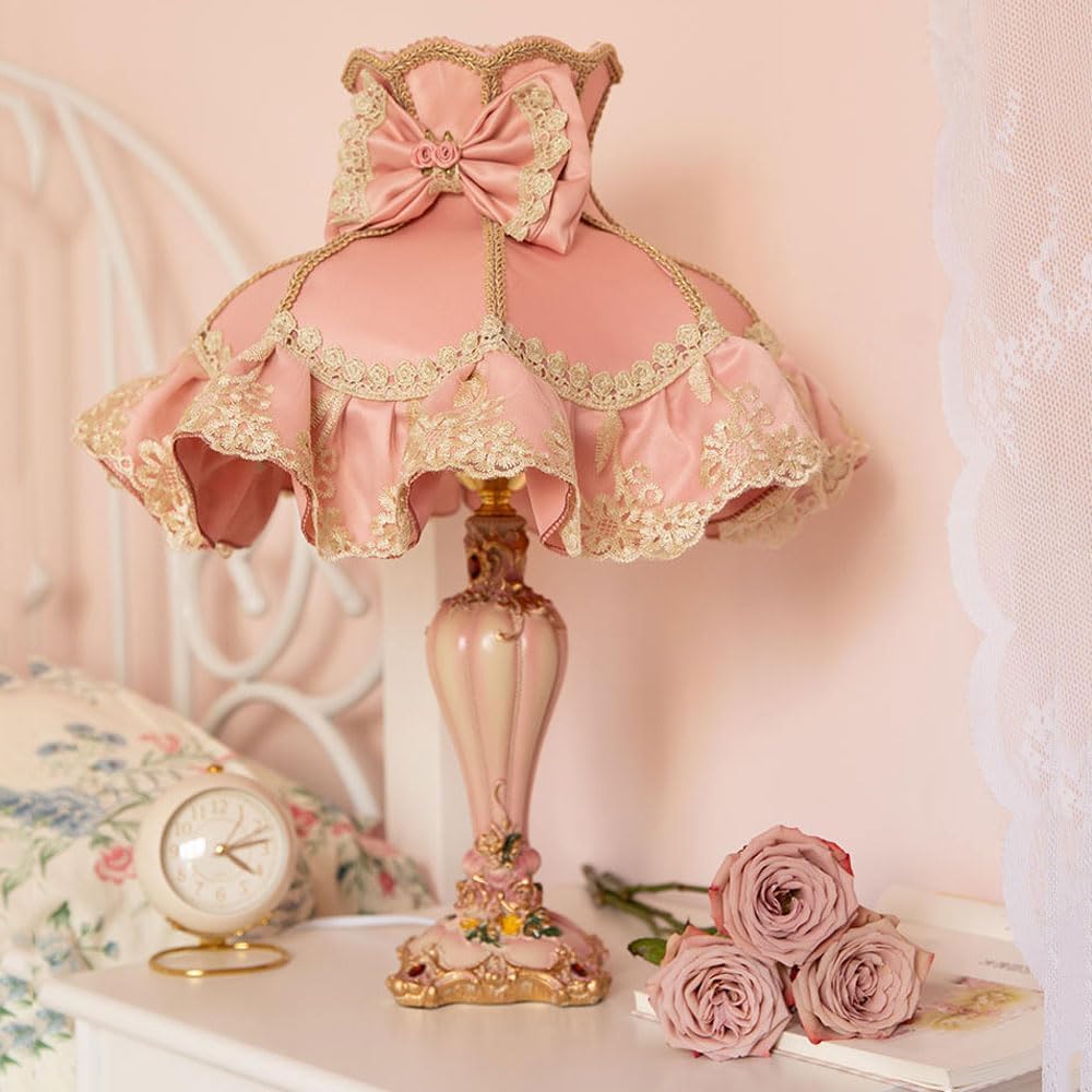 European Style Pink Table Lamp Lace Bow Fabric Drum Shade and Antique Resin Base Decor Classic Bedside Desk Nightstand Lamp for Girl's Bedroom Living Room