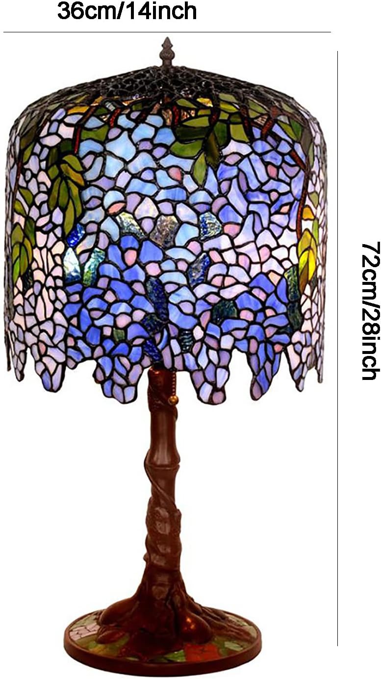 Wisteria Lamp, Tiffany Style Green Pink Stained Glass Table Lamp, Green Leaves Shade Bedroom Bedside Lamp, Living Room Office Table Decoration Lamp with Pull Cord Switch