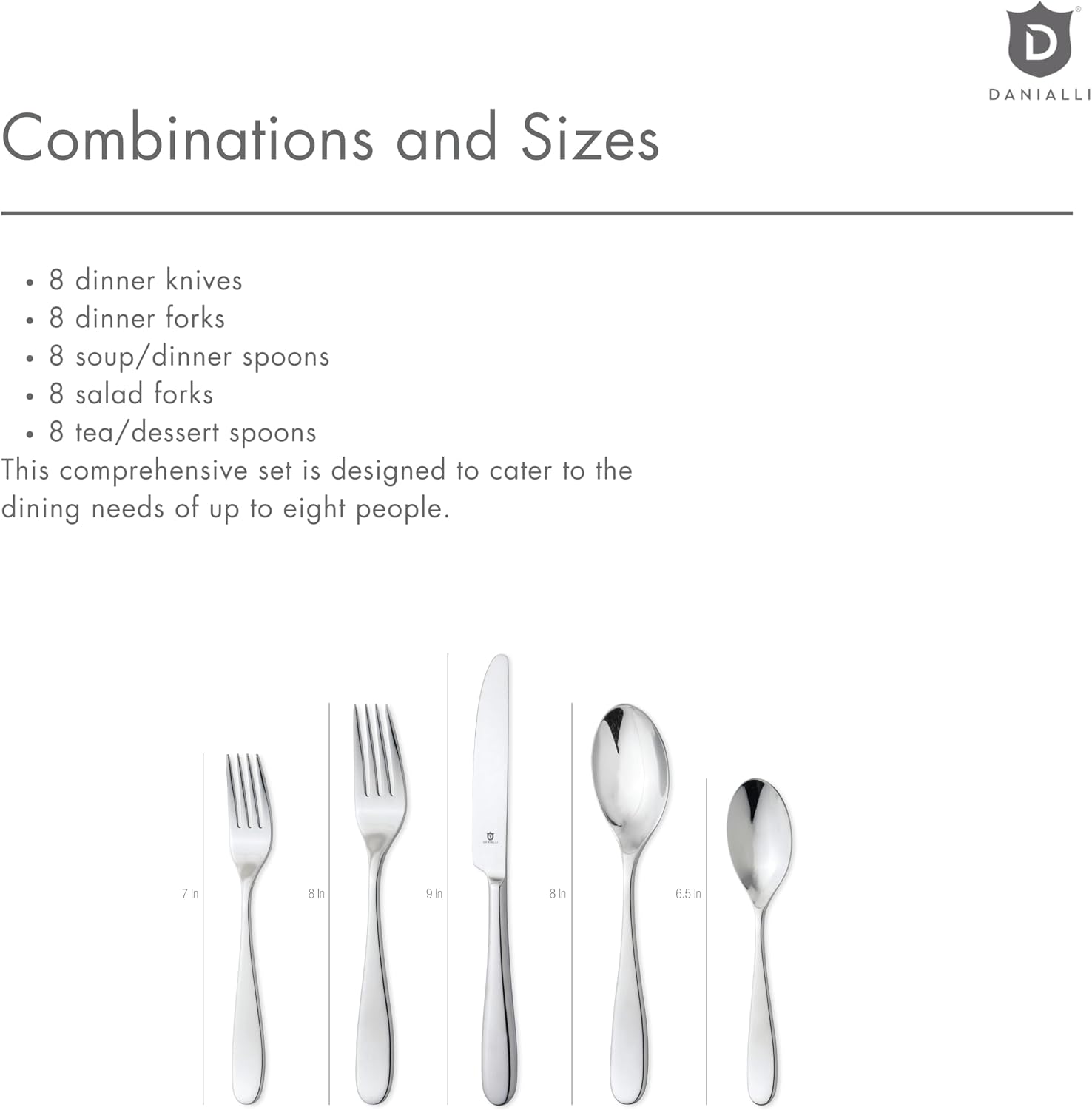 Danialli Matte Silverware Set, 18/10 Stainless Steel Satin Flatware, Modern Brushed Finish Cutlery, Dishwasher Safe & Durable, Built to Last (40-Piece, Fidenza)