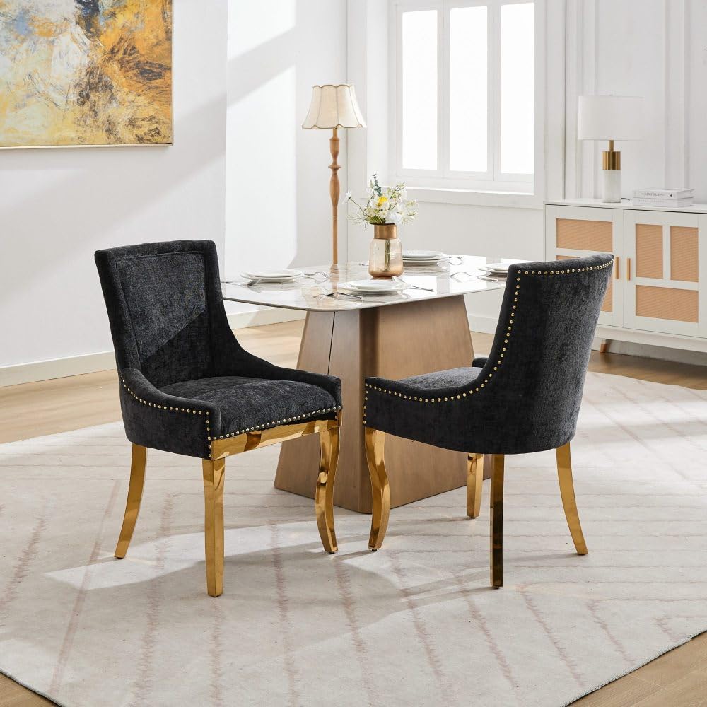 Chenille Dining Chairs Set of 2, Modern Upholstered Accent Chairs with Curved Gold-Plated Legs & Rivet Trim, Textured Fabric, One-Piece Structure for Dining/Lounge(Black + Chenille)