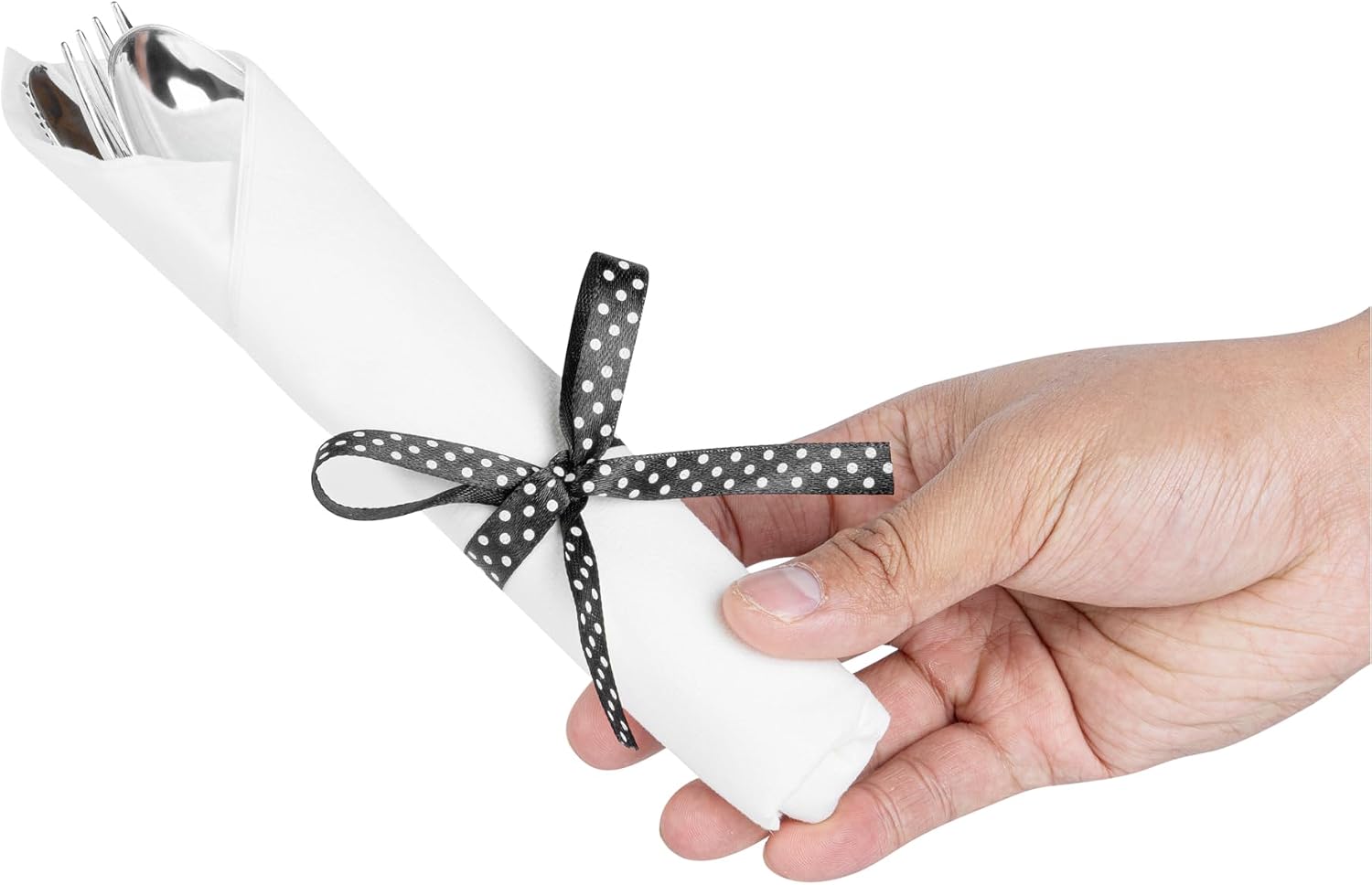 Restaurantware-7.3 Inch x 2 Inch Plastic Cutlery Sets, 100 Flatware Sets - Polka Dot Ribbon, With White Napkin, Individually Wrapped, Silver Plastic Disposable Cutlery Sets, For Weddings And Events