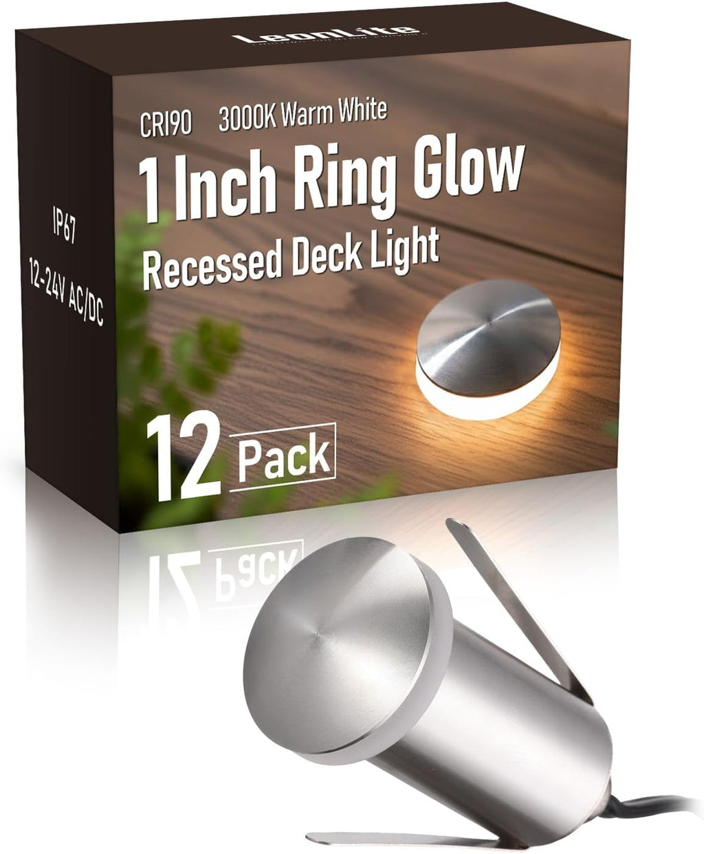 LEONLITE 12-Pack Low Voltage Recessed LED Deck Light, IP67 Waterproof, 12-24V AC/DC, 360° Ring Glow In-Ground Light, 1W 3000K 1.3-Inch Mini Flush Mount, Stainless Steel for Deck Patio Garden Edge