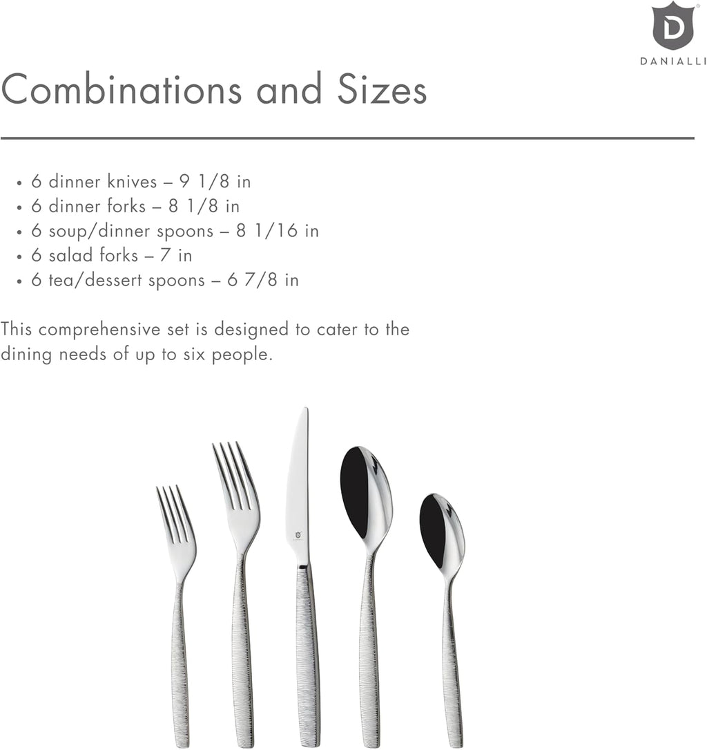 DANIALLI Engraved Silverware Set for 6 | 18/10 Stainless Steel Flatware with Mirror Finish and Engraved Handles | Heavy-Duty, Dishwasher Safe, Built to Last (30-Piece, Mezzano Engraved)