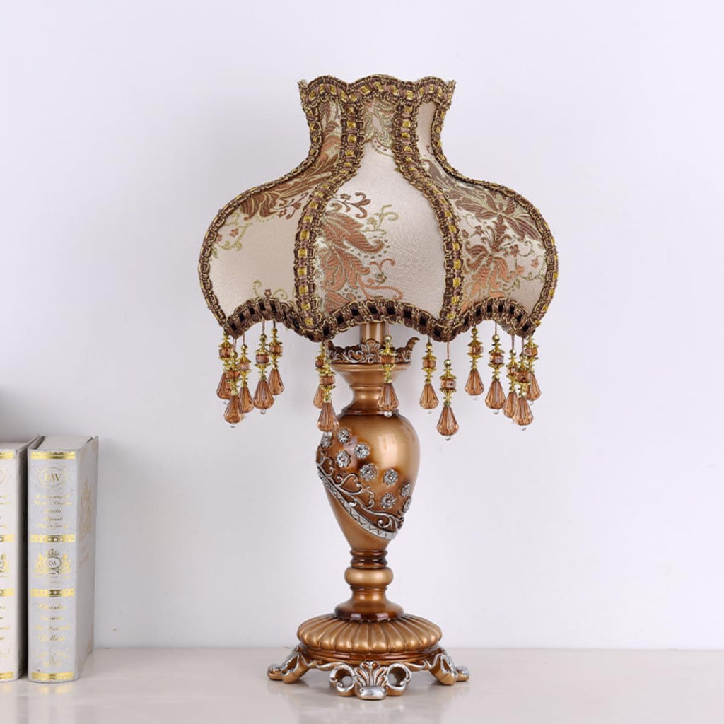 Vintage Table Lamp Beaded Fringe Lamp Brown Fabric Lampshade European Nightstand Lamp Flower Floral 1 Head VictorianTable Light with Lace