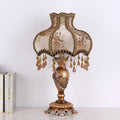 Vintage Table Lamp Beaded Fringe Lamp Brown Fabric Lampshade European Nightstand Lamp Flower Floral 1 Head VictorianTable Light with Lace