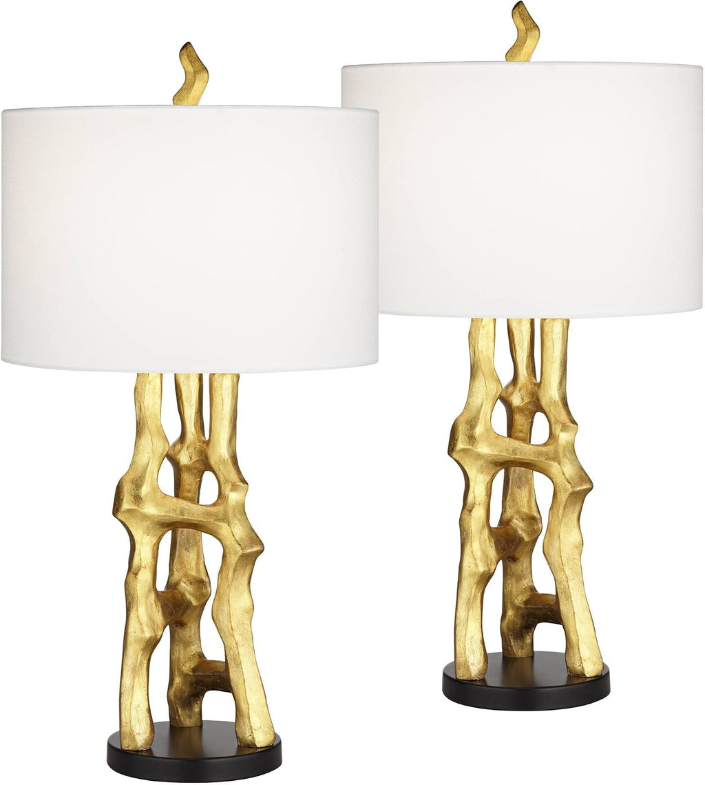 Possini Euro Design Organic Modern Table Lamps 29' Tall Set of 2 Sculptural Gold Bamboo Sculpture White Fabric Drum Shade Decor for Bedroom Living Family Room Bedside Nightstand House Home Office